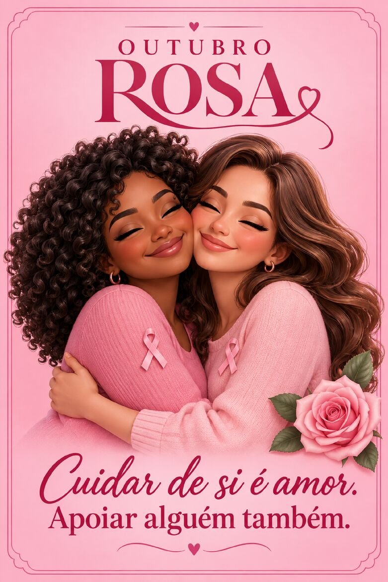 Cartão Outubro Rosa com duas mulheres abraçadas usando roupas rosas e mensagem sobre amor e apoio
